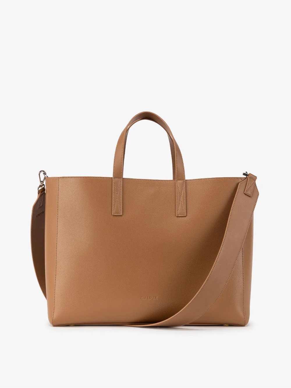 Calpak Camel/Tan Leather Laptop Tote with Detachable Shoulder Strap